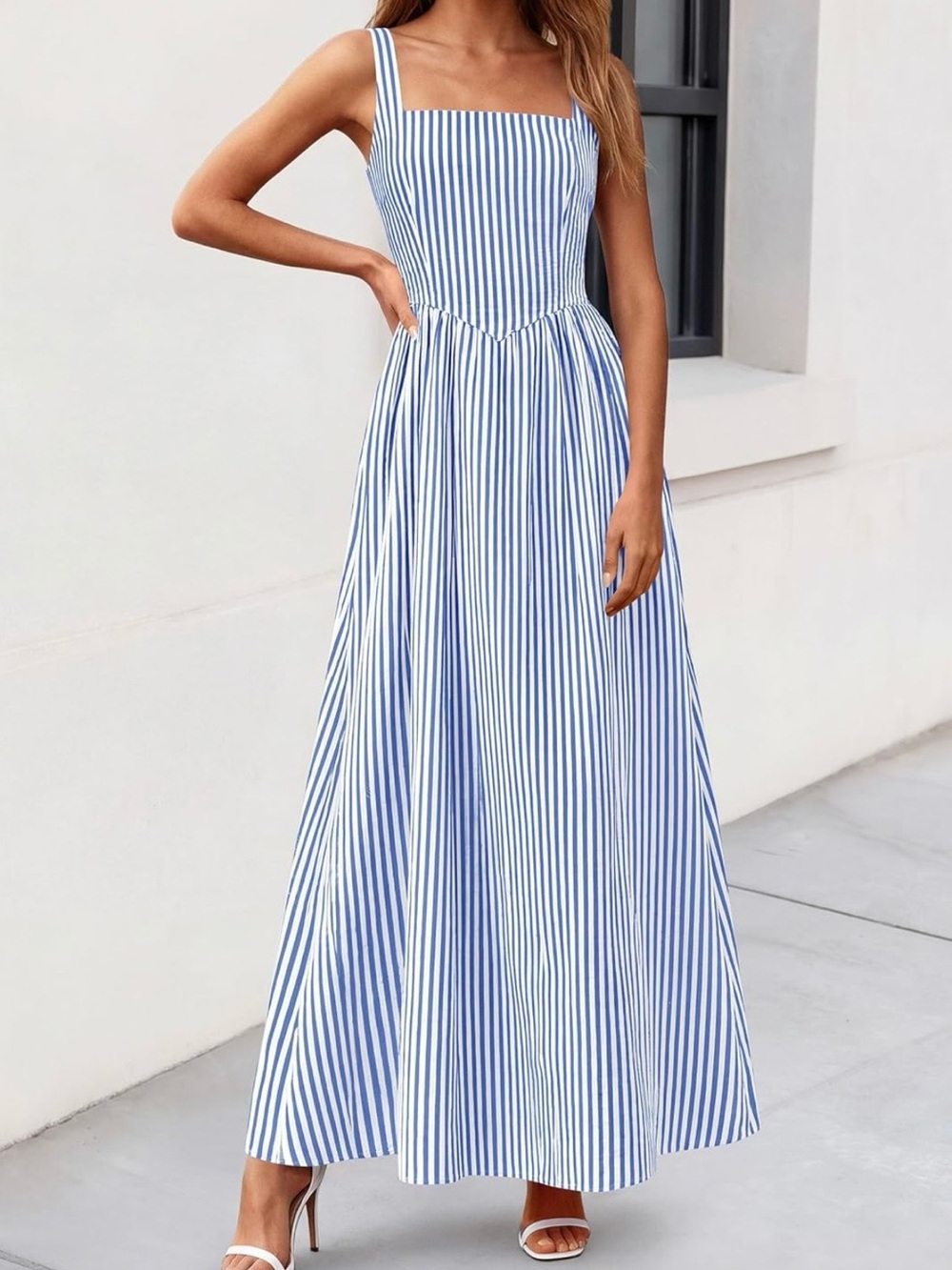 #54 Pretty Garden Dark Blue and White Striped Square Neck Maxi Dress - Picture 2 of 10